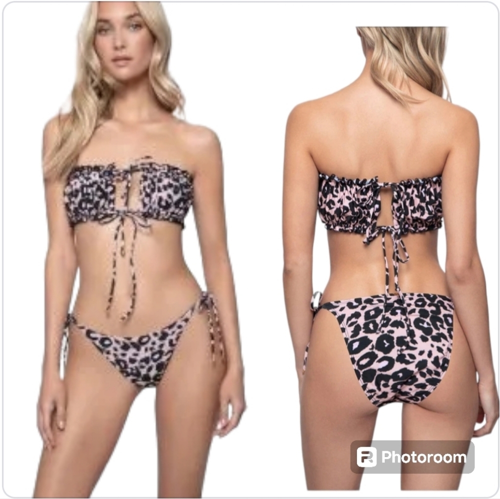 PQ Swim Nala Remi Ruched Bandeau Bikini Set Pink Animal Print Sz S - Picture 2 of 11